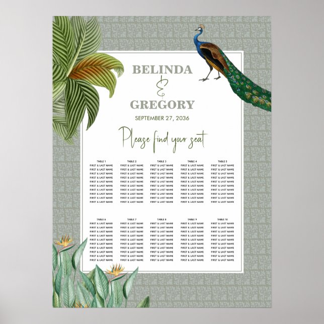 Peacock Tropical Greenery Wedding Seating Chart (Front)