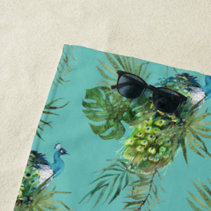 Peacock & Tropical Leaves Beach Towel