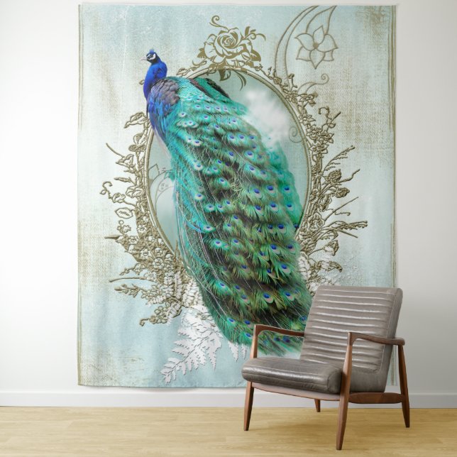 Peacock turquoise vintage shabby bird tapestry (In Situ)
