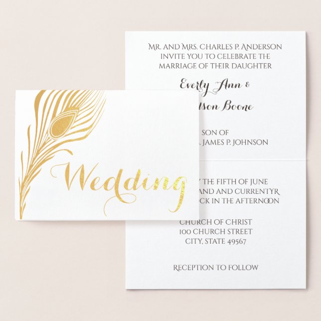 Peacock Typography Gold Foil Wedding Invitations (Display)