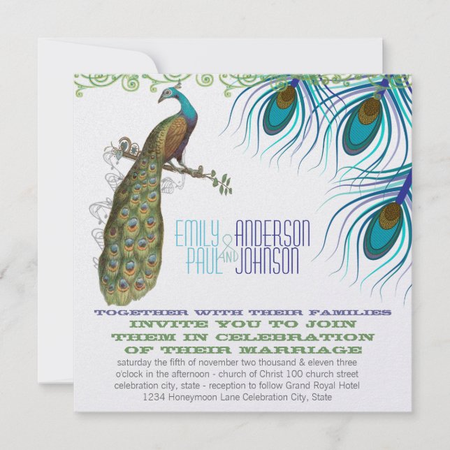 Peacock Vintage 3 Feathers with Peacock Invitation (Front)