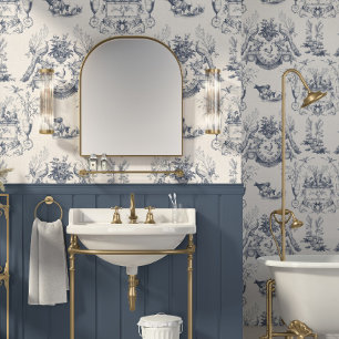 Peacock Vintage French Toile Blue Countryside Cows Wallpaper
