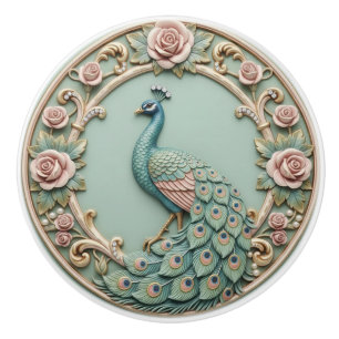 Peacock Vintage Victorian Pink Roses Floral Mint Ceramic Knob