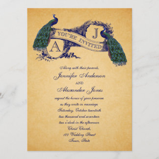 Peacock Vintage Wedding Invitation | Blue