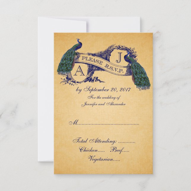 Peacock Vintage Wedding RSVP CARD | Blue (Front)