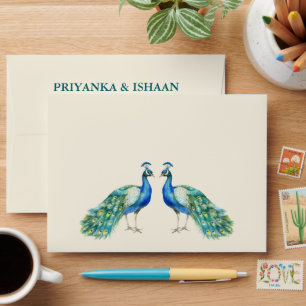Peacock Watercolor Art Deco Hindu Wedding Envelope