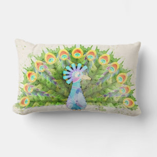 Peacock Watercolor Art Lumbar Cushion