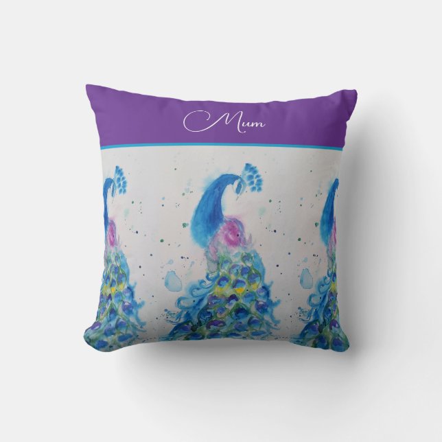 Peacock Watercolor Blue Painting Mothers Day Cushion (Front)