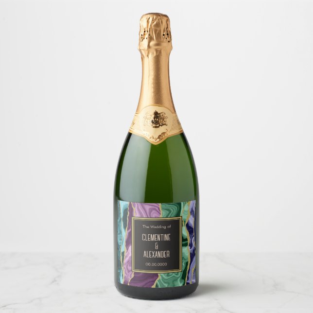 Peacock Watercolour Agate Sparkling Wine Label (Front)