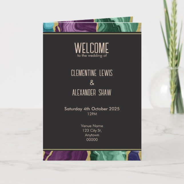 Peacock Watercolour Agate Wedding Program (Front)