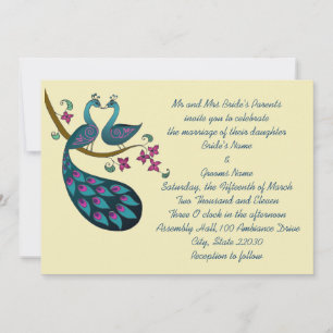 Peacock Wedding Announcement, ivory Invitation