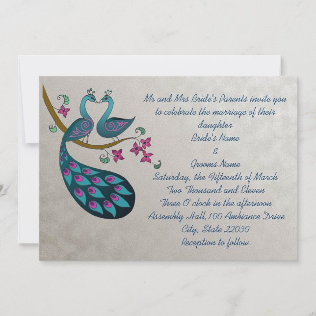 Peacock Wedding Announcement, silver Invitation (Front)