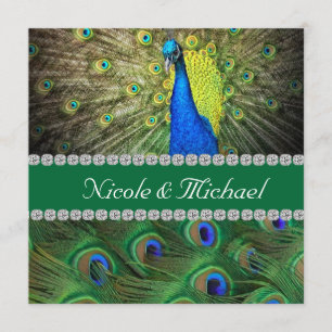 PEACOCK  WEDDING  INVITATION WITH FEATHERS & BLING