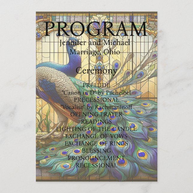 Peacock Wedding Stained Glass Program Card (Front)