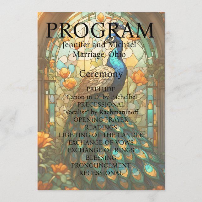 Peacock Wedding Stained Glass Program Card (Front)