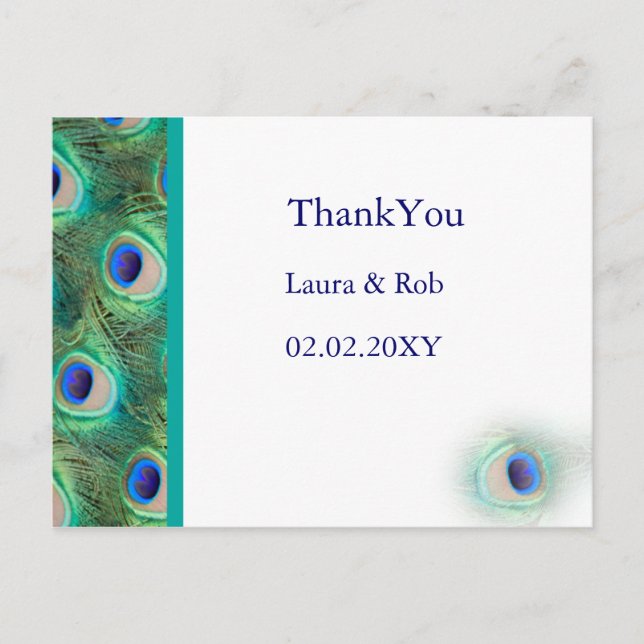 peacock wedding Thank You Postcard (Front)
