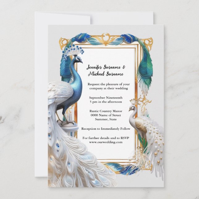 Peacock white teal art nouveau decorative frame invitation (Front)