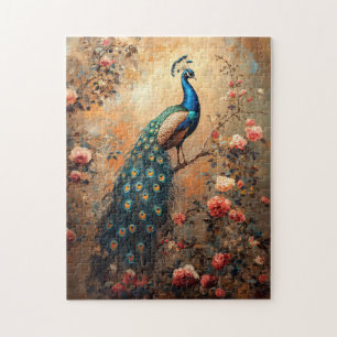 Peacock with Blush Pink Roses Painting Jigsaw Puzzle