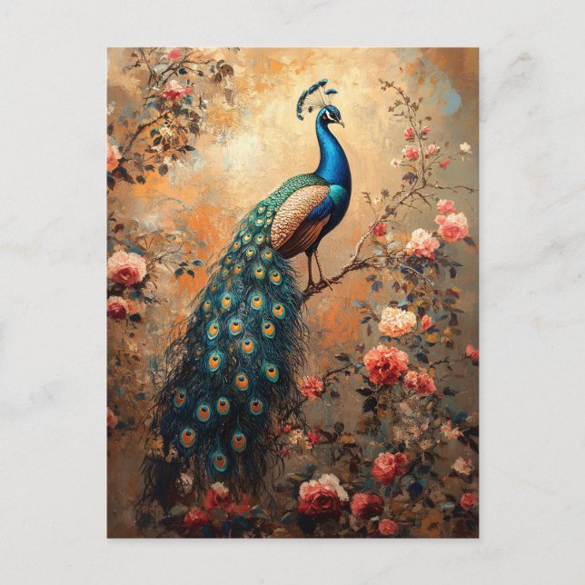 Peacock with Blush Pink Roses Painting Postcard (Front)