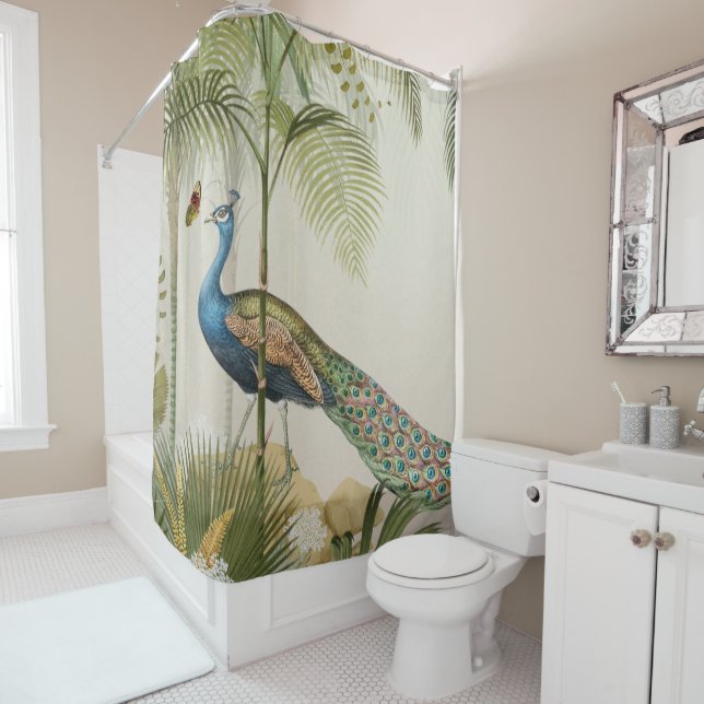 Peacock with butterflies shower curtain (In Situ)
