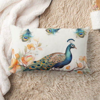 Peacock with Falling Feathers and Orange Flowers Lumbar Cushion