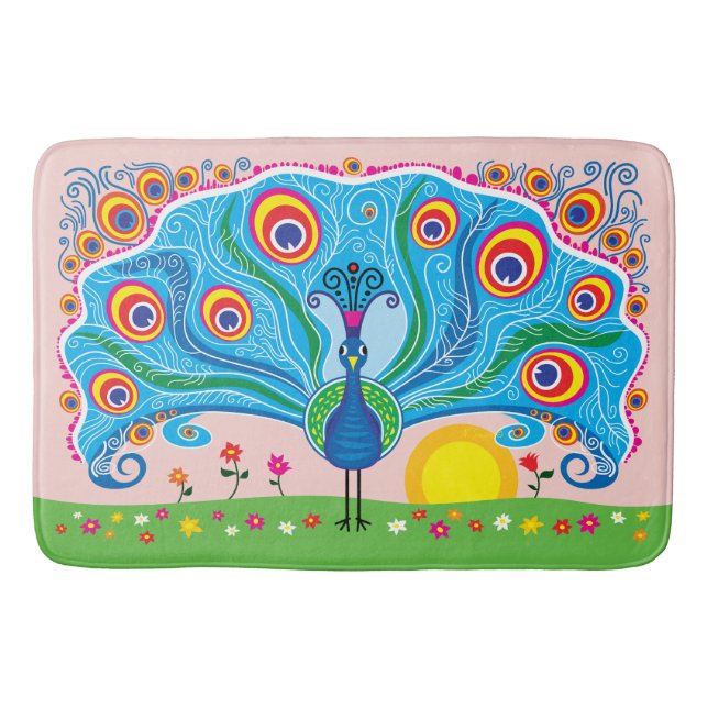 Peacock with Flowers Bath Mat (Front)