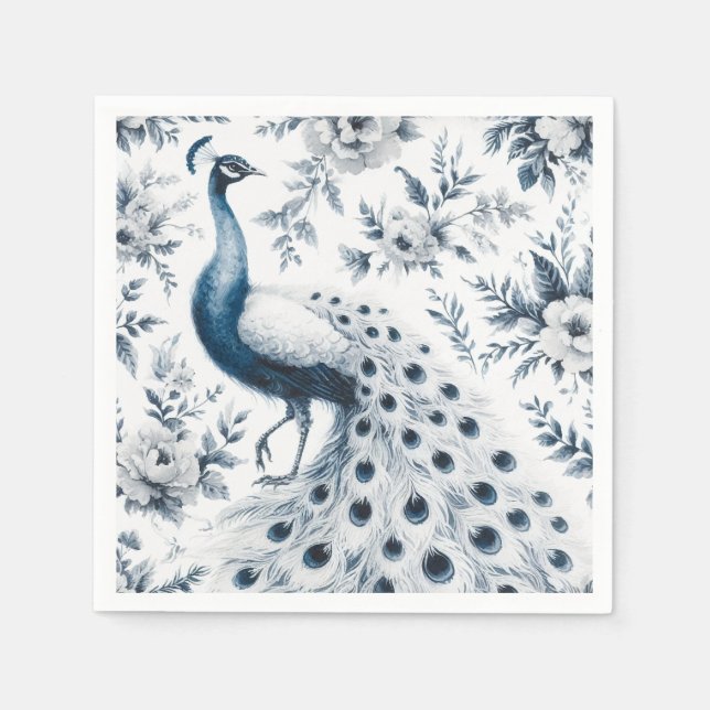 Peacock with flowers blue napkin (Front)