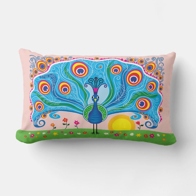 Peacock with Flowers Lumbar Cushion (Front)