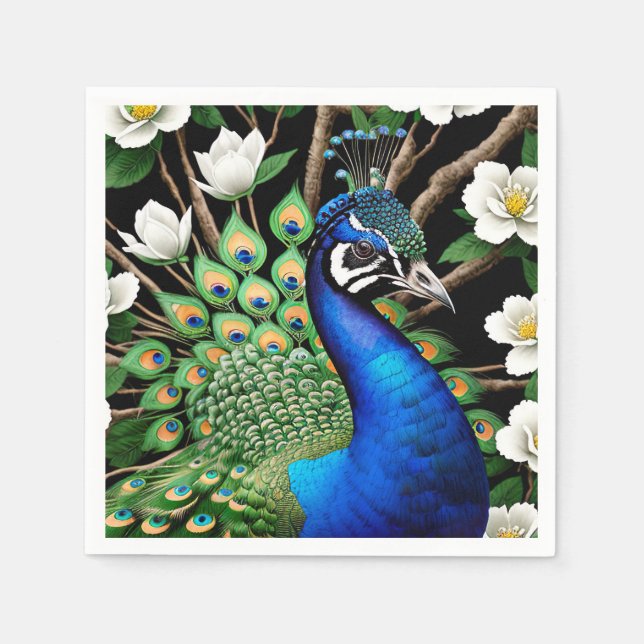 Peacock With Flowers Napkin (Front)