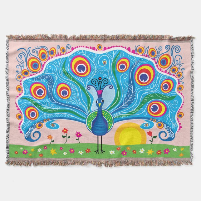 Peacock with Flowers Throw Blanket (Front)