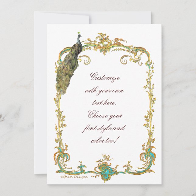 Peacock with Gold Baroque Frame Invitation Card (Front)