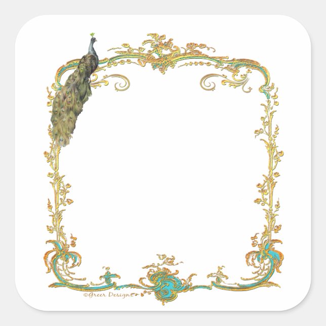 Peacock with Gold Frame "Save the Date" Sticker (Front)