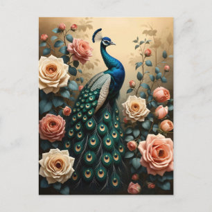 Peacock with Peach and Pink Roses Postcard