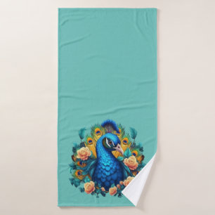 Peacock With Peach Roses Bath Towel