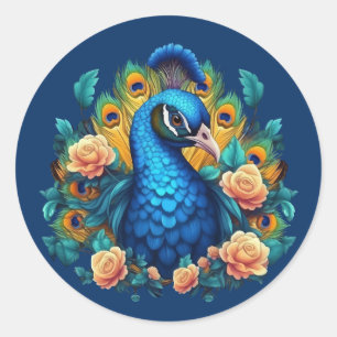 Peacock With Peach Roses Classic Round Sticker