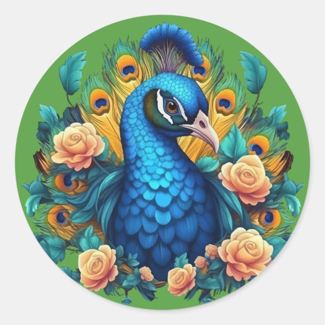 Peacock With Peach Roses Classic Round Sticker (Front)