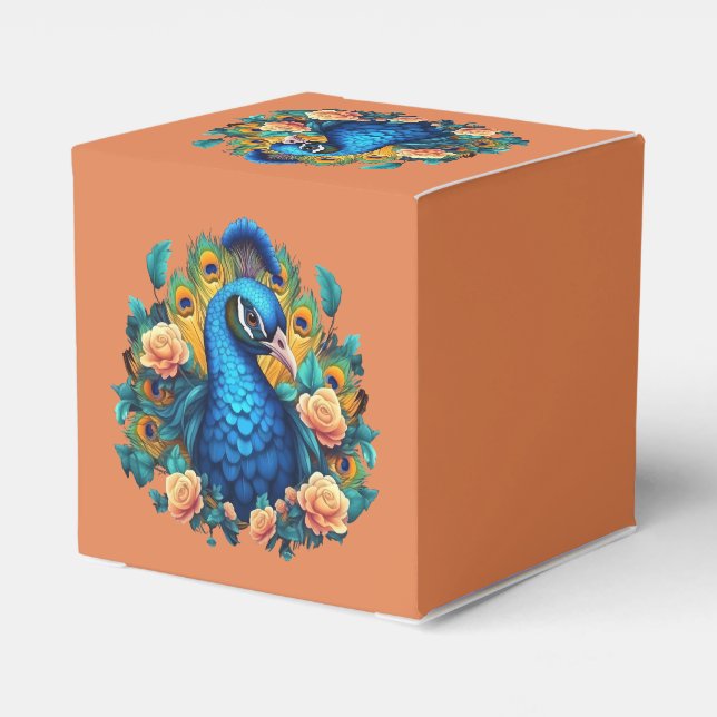 Peacock With Peach Roses Favour Box (Back Side)