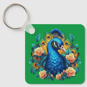 Peacock With Peach Roses Key Ring