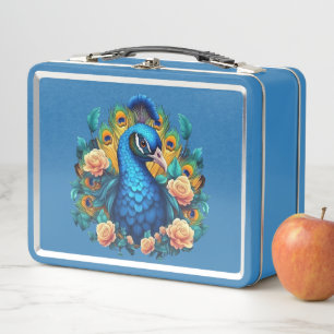 Peacock With Peach Roses Metal Lunch Box