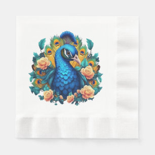 Peacock With Peach Roses Napkin