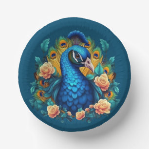Peacock With Peach Roses Paper Plate