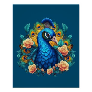 Peacock With Peach Roses Poster