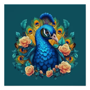 Peacock With Peach Roses Poster