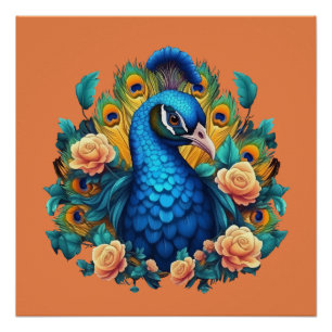Peacock With Peach Roses Poster