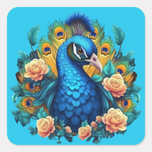 Peacock With Peach Roses Square Sticker