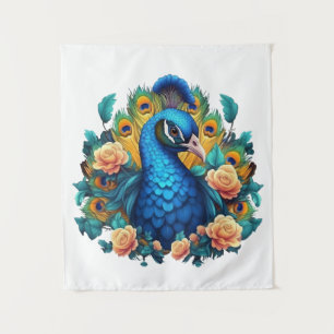 Peacock With Peach Roses Tapestry