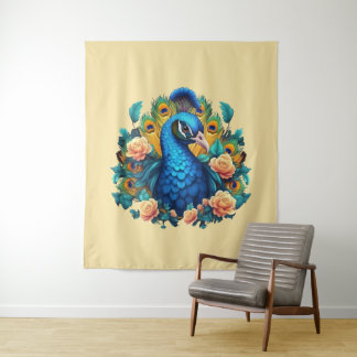 Peacock With Peach Roses Tapestry