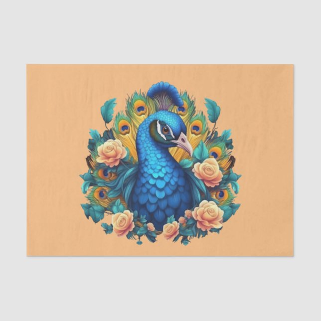 Peacock With Peach Roses Tissue Paper (Front)