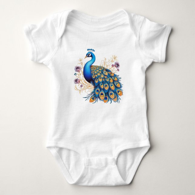 Peacock With Purple Flowers Baby Bodysuit (Front)