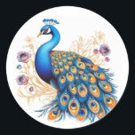 Peacock With Purple Flowers Classic Round Sticker<br><div class="desc">The beautiful peacock bird adorned with purple flowers creates a captivating and enchanting sight. The peacock, known for its resplendent plumage, showcases a mesmerising display of vibrant blues and greens that shimmer in the sunlight. Adding to its allure, the peacock is surrounded by a lush tapestry of purple flowers, enhancing...</div>